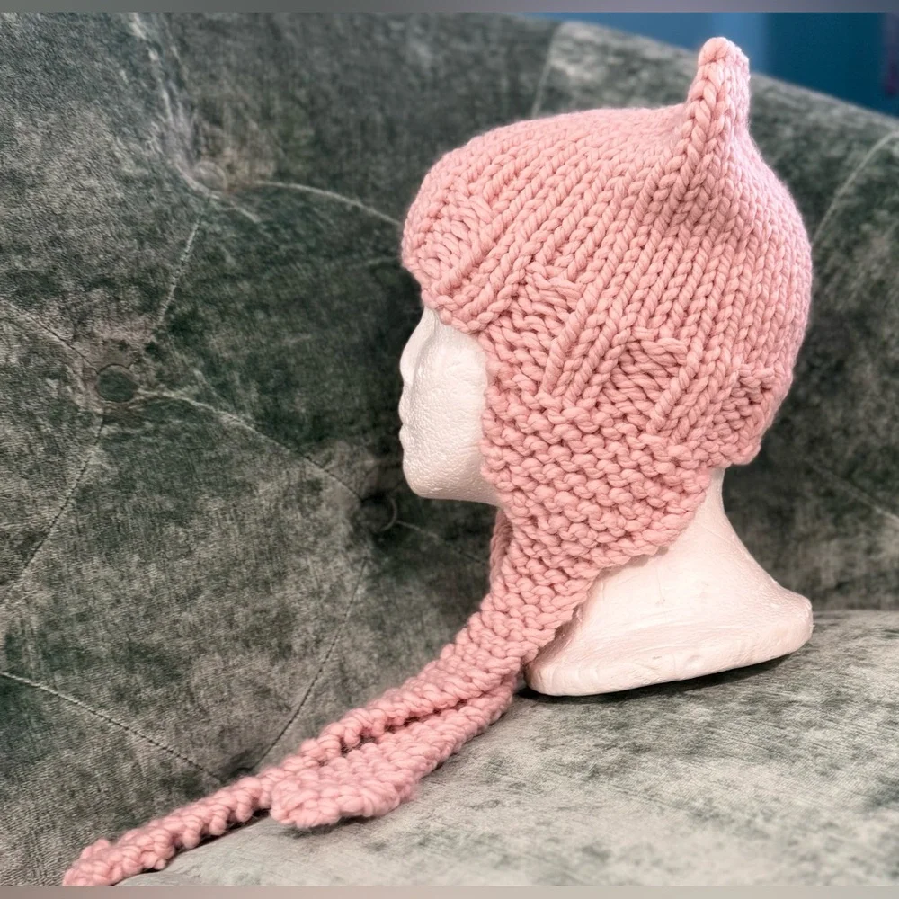 Handmade Hand Crafted Knit Ear Flap Cat Hat Adult Teen size Pink - Picture 7 of 10